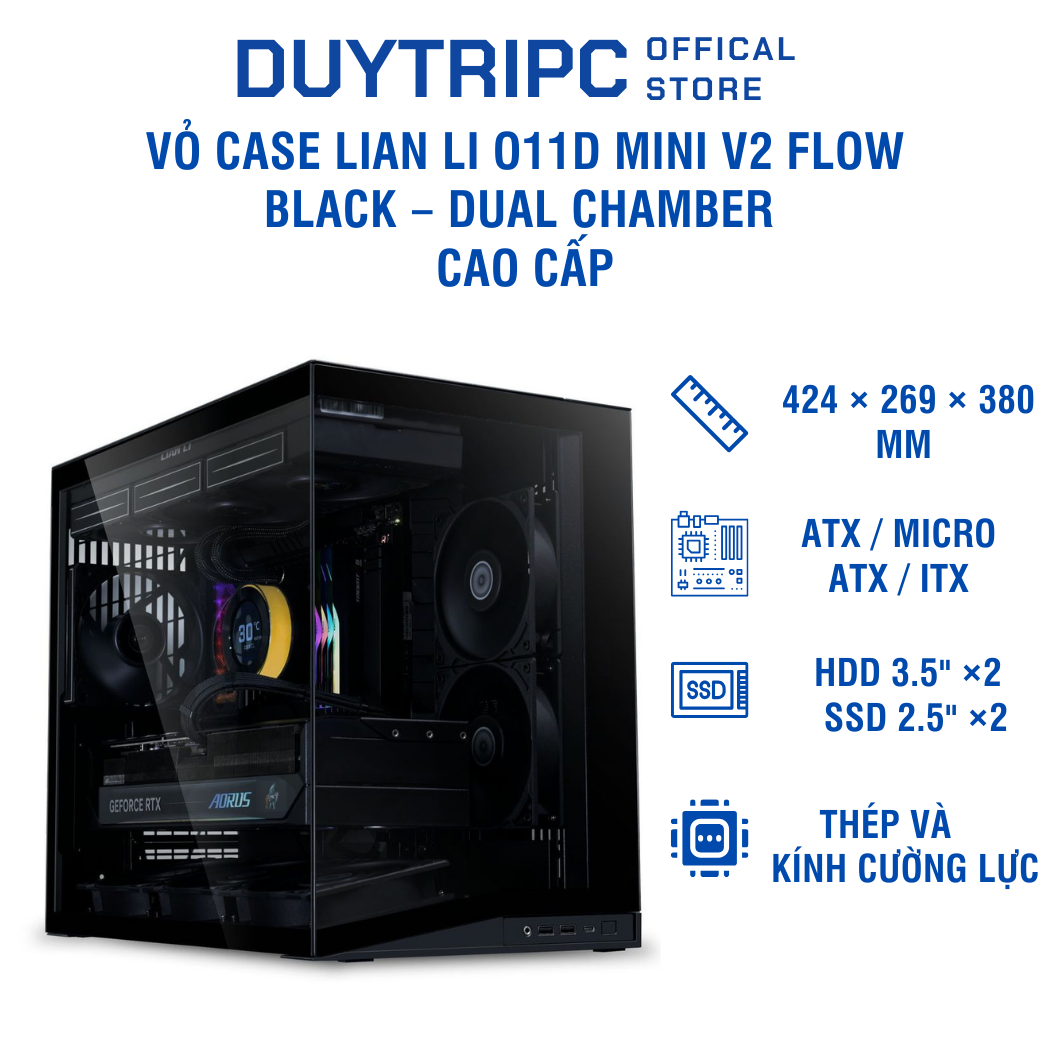 Vỏ Case LIAN LI O11D MINI V2 FLOW Black – Dual Chamber cao cấp, mặt lưới airflow mạnh, kính cường lực, build PC gọn đẹp